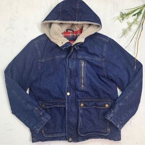 Wrangler Sherpa Hood Flannel Lined Denim Jacket